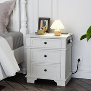 VINGLI Nightstand with Charging Station 24" Bedside Table with 3 Textured Drawers Antique White