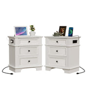 VINGLI Nightstand with Charging Station 24" Bedside Table with 3 Textured Drawers Antique White