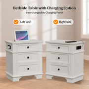 VINGLI Nightstand with Charging Station 24" Bedside Table with 3 Textured Drawers Antique White