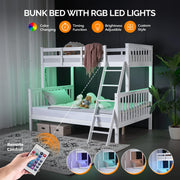 VINGLI Bunk Wood Bed Twin Over Full Size with LED Light White