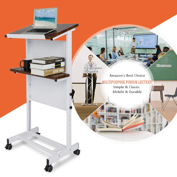 VINGLI Mobile Standing Desk Double layer With Storage Shelf Compact Po