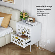 VINGLI Carved Wood Nightstand with Mirror-Patterned Drawer with Charging Station